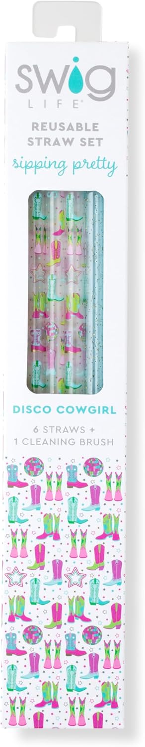 Swig Life Reusable Straws Disco Cowgirl + Aqua Glitter Tall Straw Set & Cleaning Brush, Each Straw is 10.25 inch Long (Fits Swig Life 20oz Tumblers, 22oz, and 32oz Tumblers)