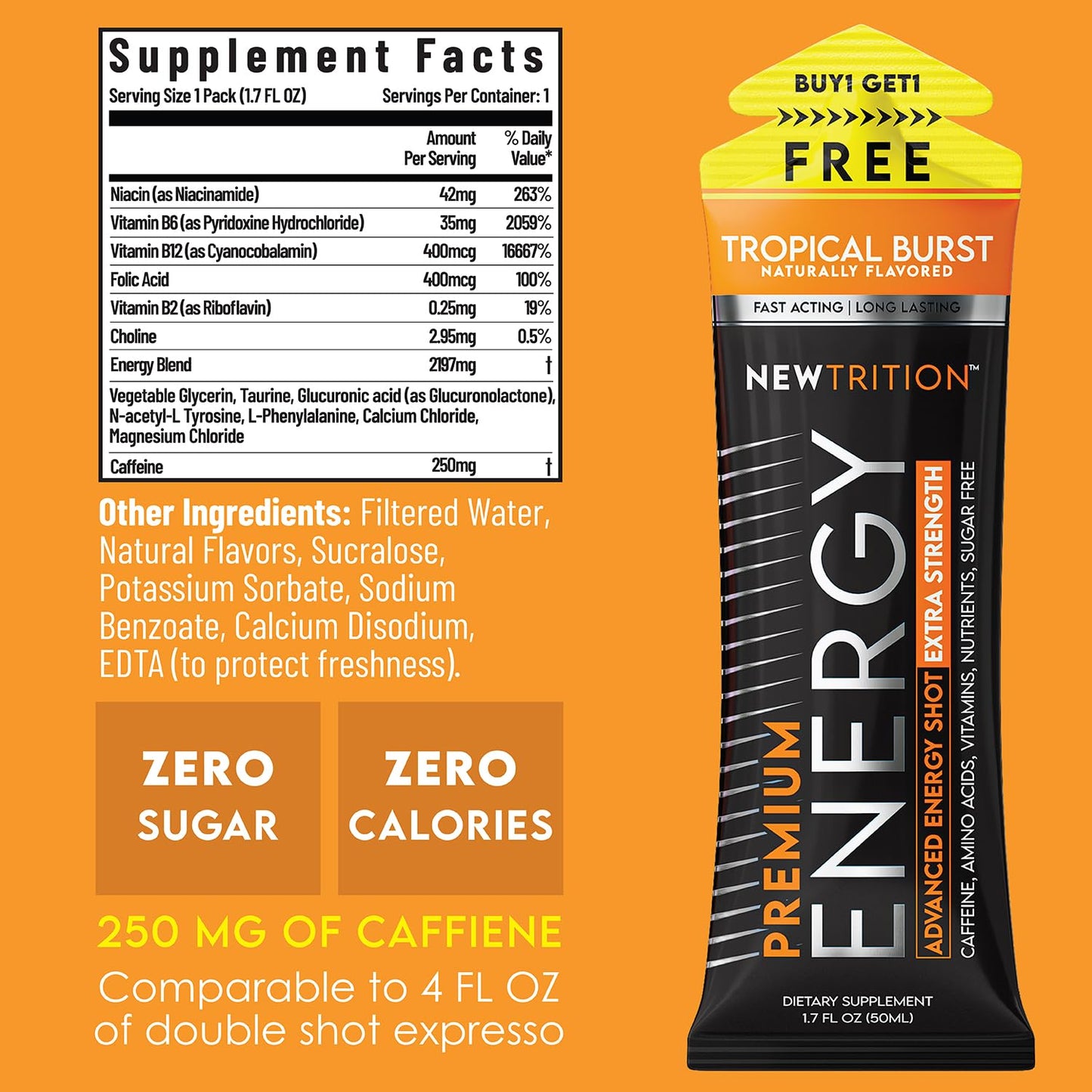 NewTrition® Extra Strength Energy Shots, 250mg Caffeine Energy Shots with Vitamin B & Amino Acids, Sugar-Free Vitamin Energy Shot, 1.7 fl oz (Pack of 24, Tropical Burst)