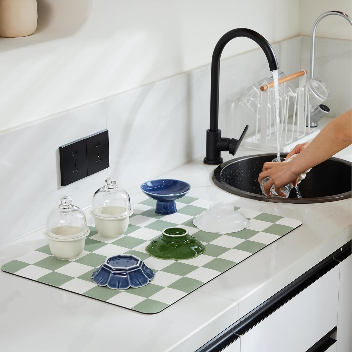 Checkered Dish Drying Mat for Kitchen Counter, Coffee Bar Station Accessories, Retro Cute Aesthetic Modern Absorbent Drainer Mat Kitchen Drying Mat Easy Clean, Sage 12" x 19"