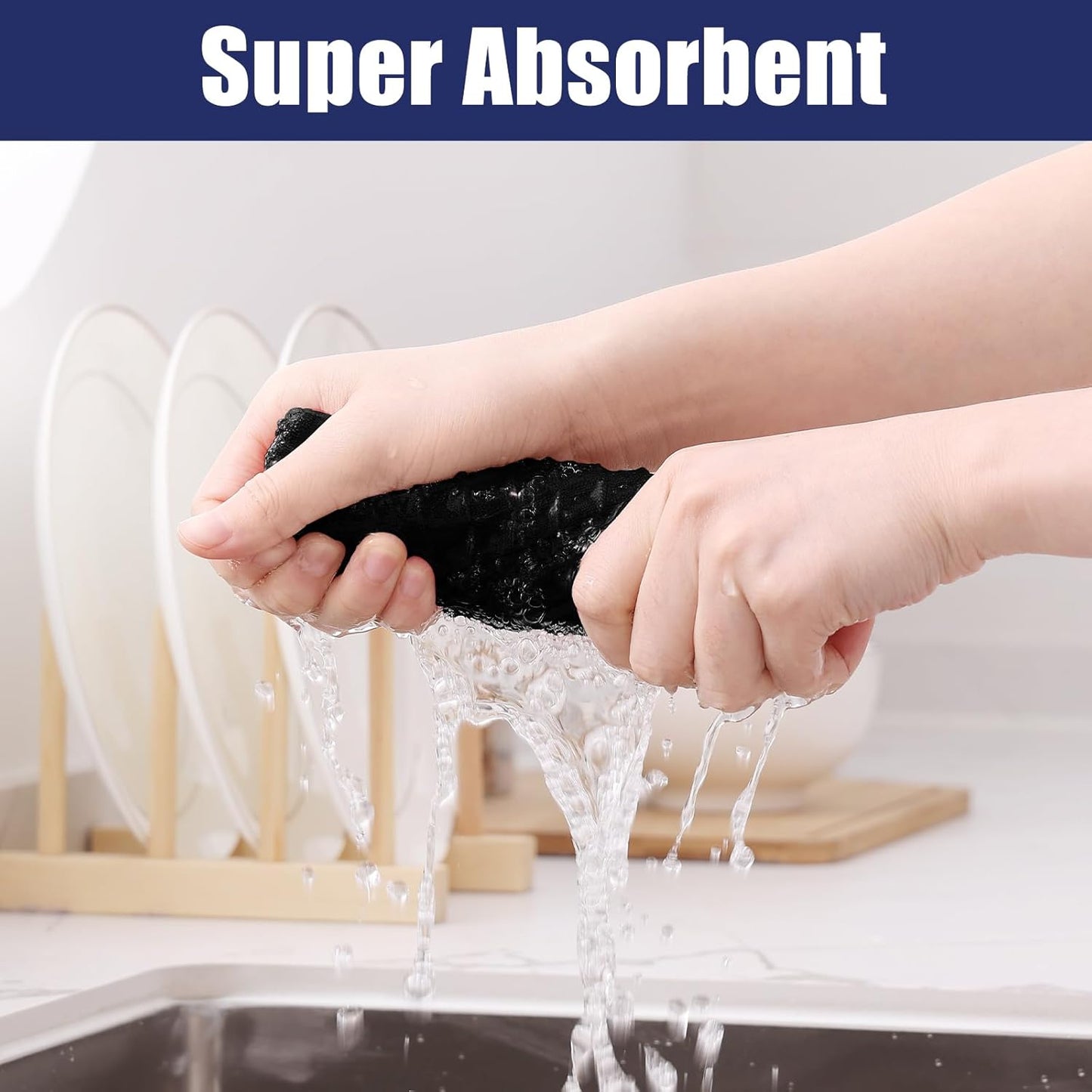 Homaxy Microfiber Waffle Weave Kitchen Dish Cloths, 12 x 12 Inch Ultra Absorbent and Solid Color Dish Towels for Kitchen Fast Drying Dishcloth for Washing Dishes, 8 Pack, Black