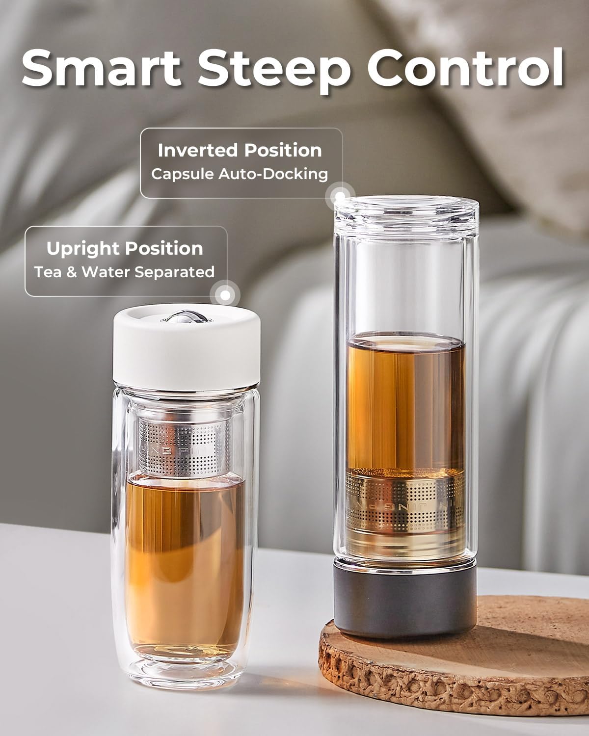 MagnaDrop Tea Tumbler – Double Wall Glass Tea Infuser Cup with Magnetic Steep Control & Bead Switch, Leakproof Travel Mug for Loose Leaf, 10.5oz