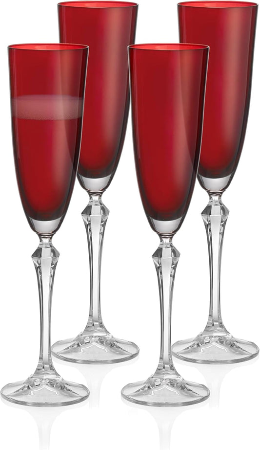 Barski Champagne Flute Glasses - Set of 4 - Ruby (Red) Colored Cup with Clear Stem - Each Glass is 7 oz., for Prosecco, Sparkling Wine, Mimosas, Cocktails, Weddings Anniversaries - Made in Europe