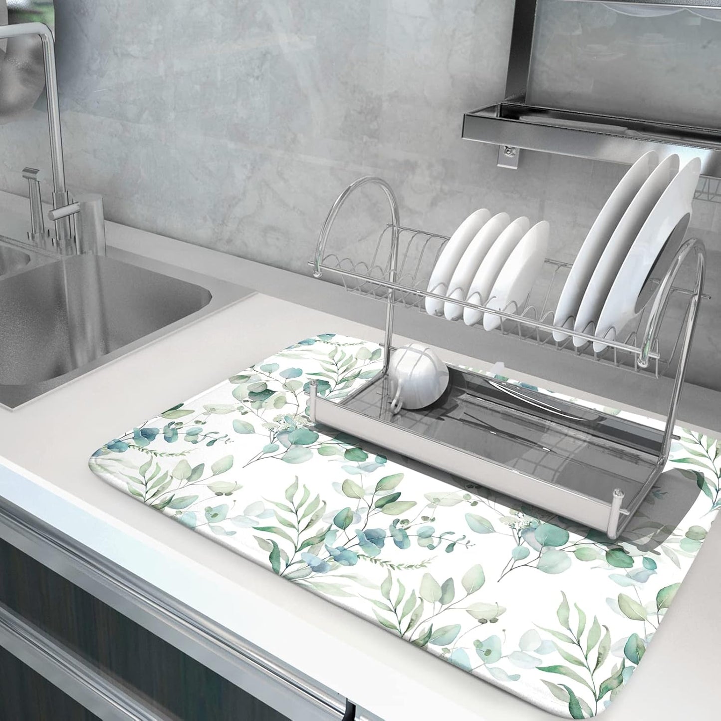 Watercolor Sage Leaves Dish Drying Mats for Kitchen Counter 16x18 Inch,Spring Leaves Kitchen Drying Mat,Sage Herbs Dishes Pad Dish Drainer Rack Mats Absorbent Fast Dry Kitchen Accessories