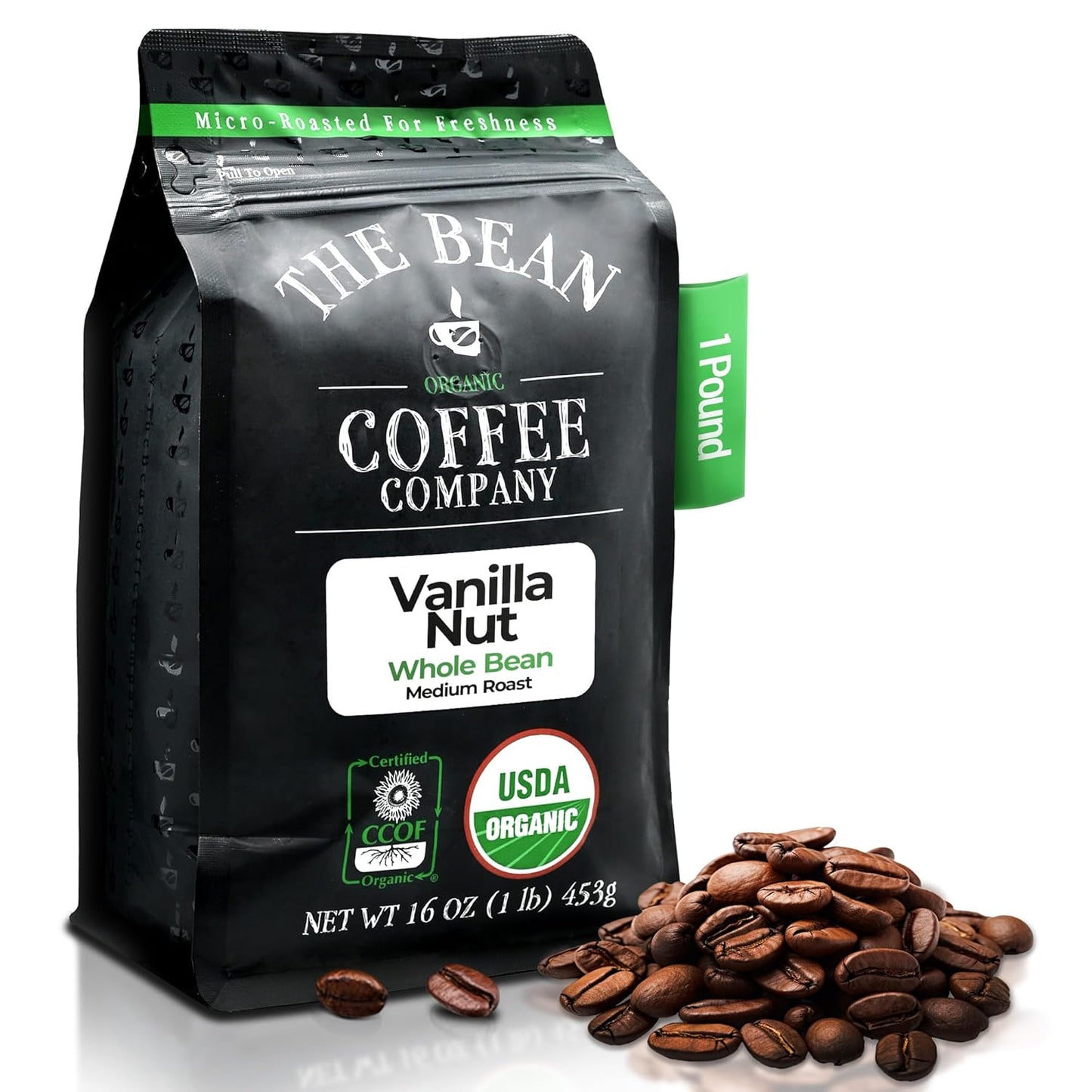 The Bean Organic Coffee Company Vanilla Nut, Medium Roast, Whole Bean Coffee, 16-Ounce Bag