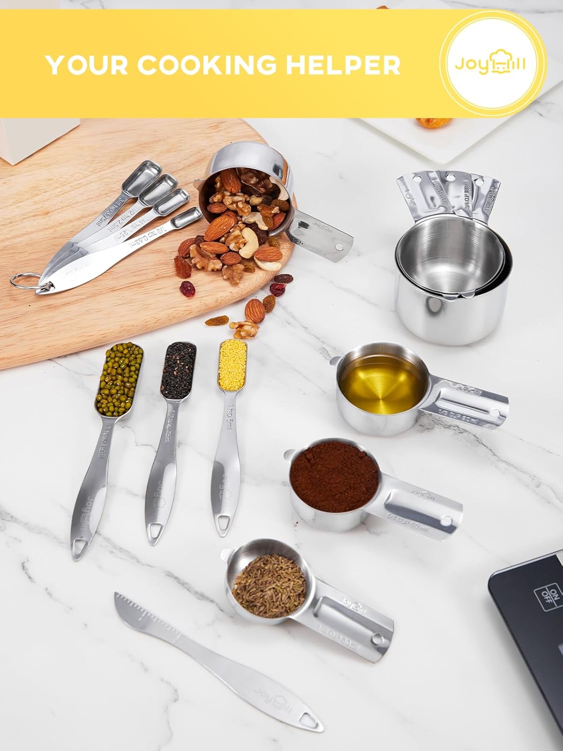 Joyhill Measuring Cups and Spoons Set of 15 Piece, Metal Stainless Steel Measuring Cups and Spoons Set for Baking Cooking, Dry and Liquid Ingredients