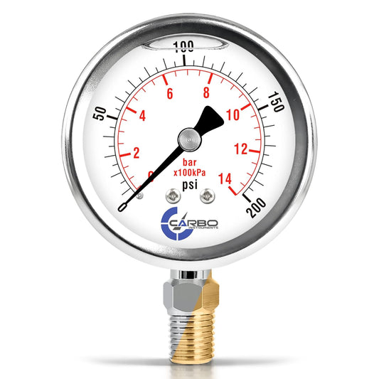 Stainless Steel Pressure Gauge Dual Display (0-200 psi/kPa) - 2 1-2" Glycerine Liquid Filled Water Air Oil Gas Gauge with Polycarbonate Lens & Brass Connection - 1/4" NPT Lower Mount