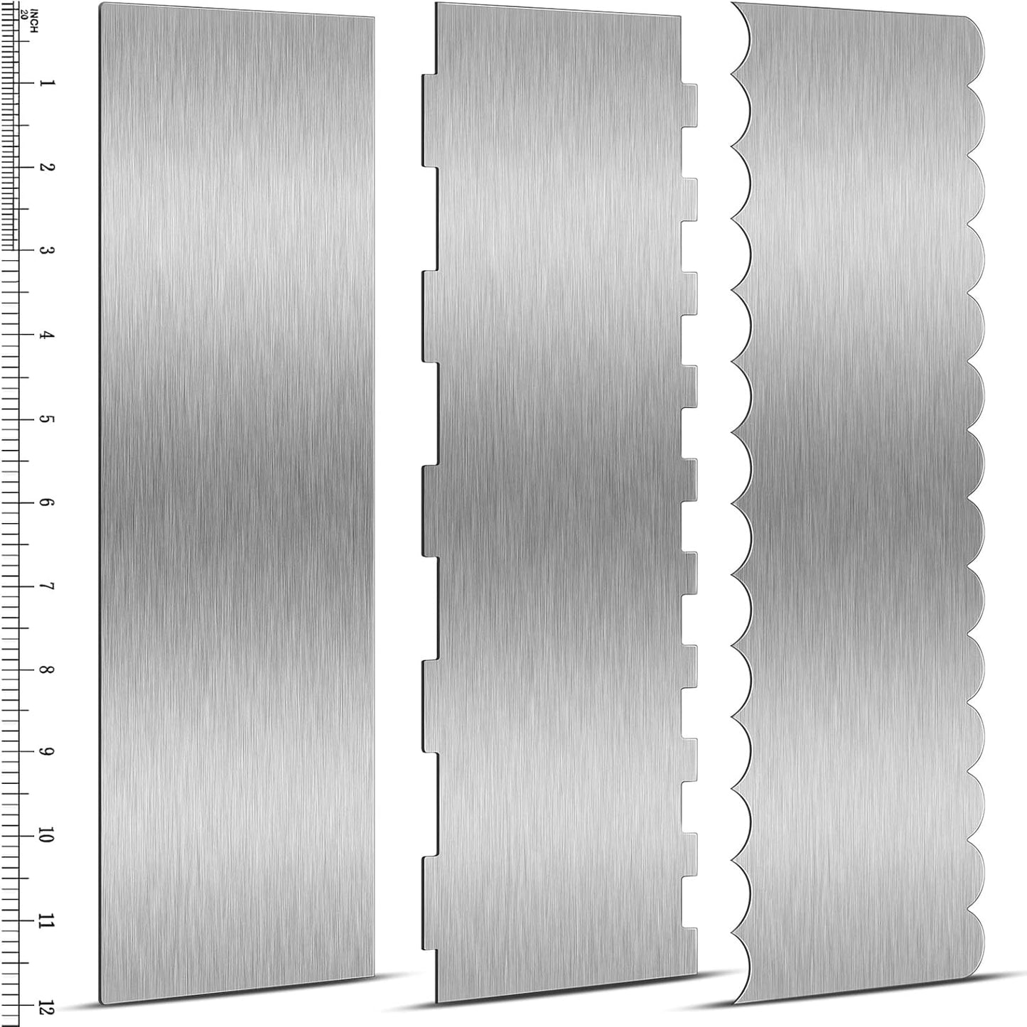 Yinkin 3 Pcs 12 Inch Cake Scraper Smoother Stainless Steel Cake Scraper Metal Large Double Sided Patterned Edge Decorating Comb Icing Smoother for Mousse Butter Cream Dessert Decoration