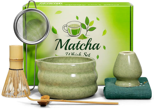 Matcha Whisk Set 7pcs, Japanese Macha Making Kit - 17oz Bowl with Spout, Bamboo Whisk, Chasen Holder, Scoop, Scoop Rest, Stainless Steel Sifter & Towel, Tea Gift Tools for Starter & Enthusiasts, Green