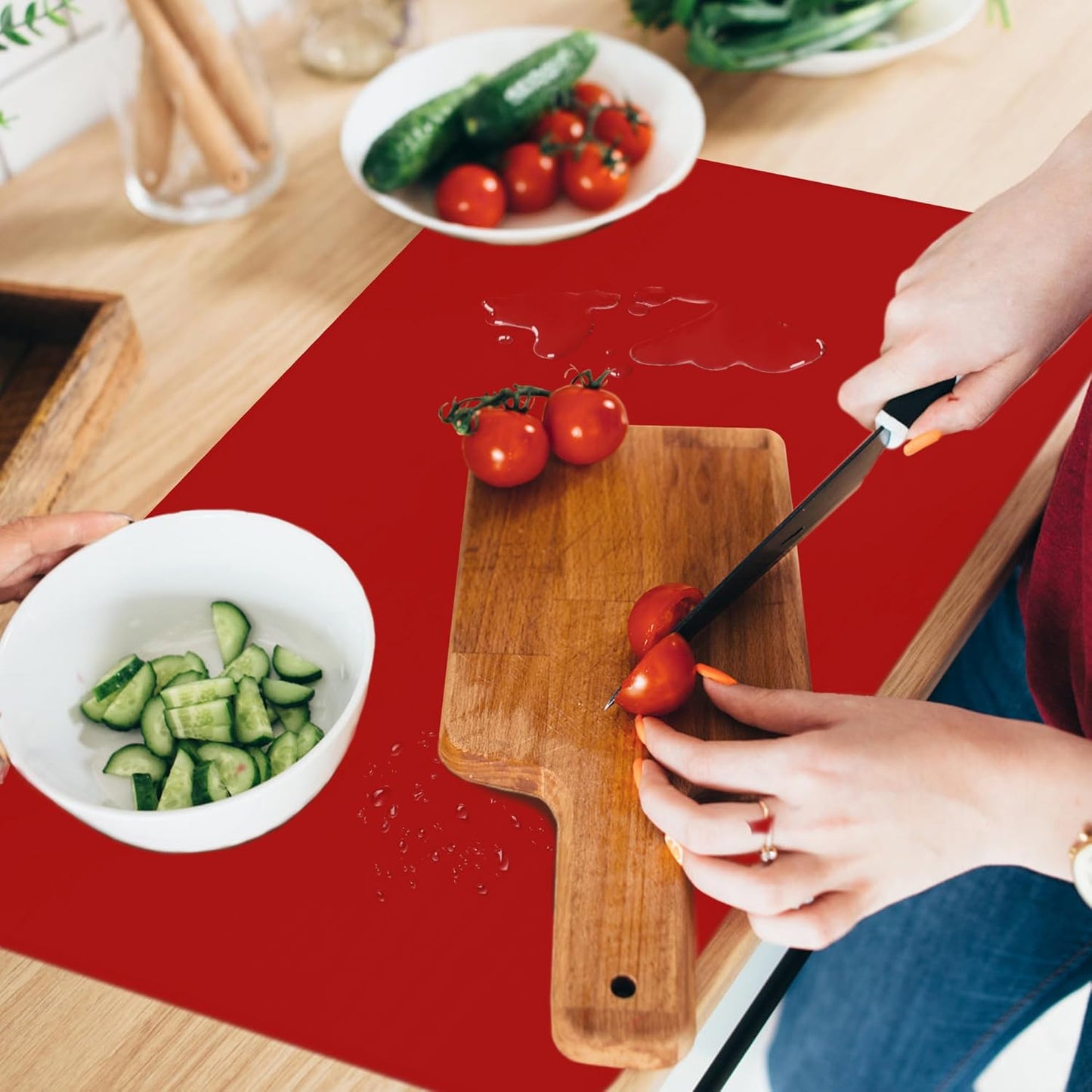 Silicone Mat for Kitchen Counter, Silicone Mat Trimable to Size (Red, 15.7×11.8inch-2pcs), BPA-Free Silicone Placemat, Heat-Resistant NonSlip Table Mat for Air Fryer, Countertop Protector Mat