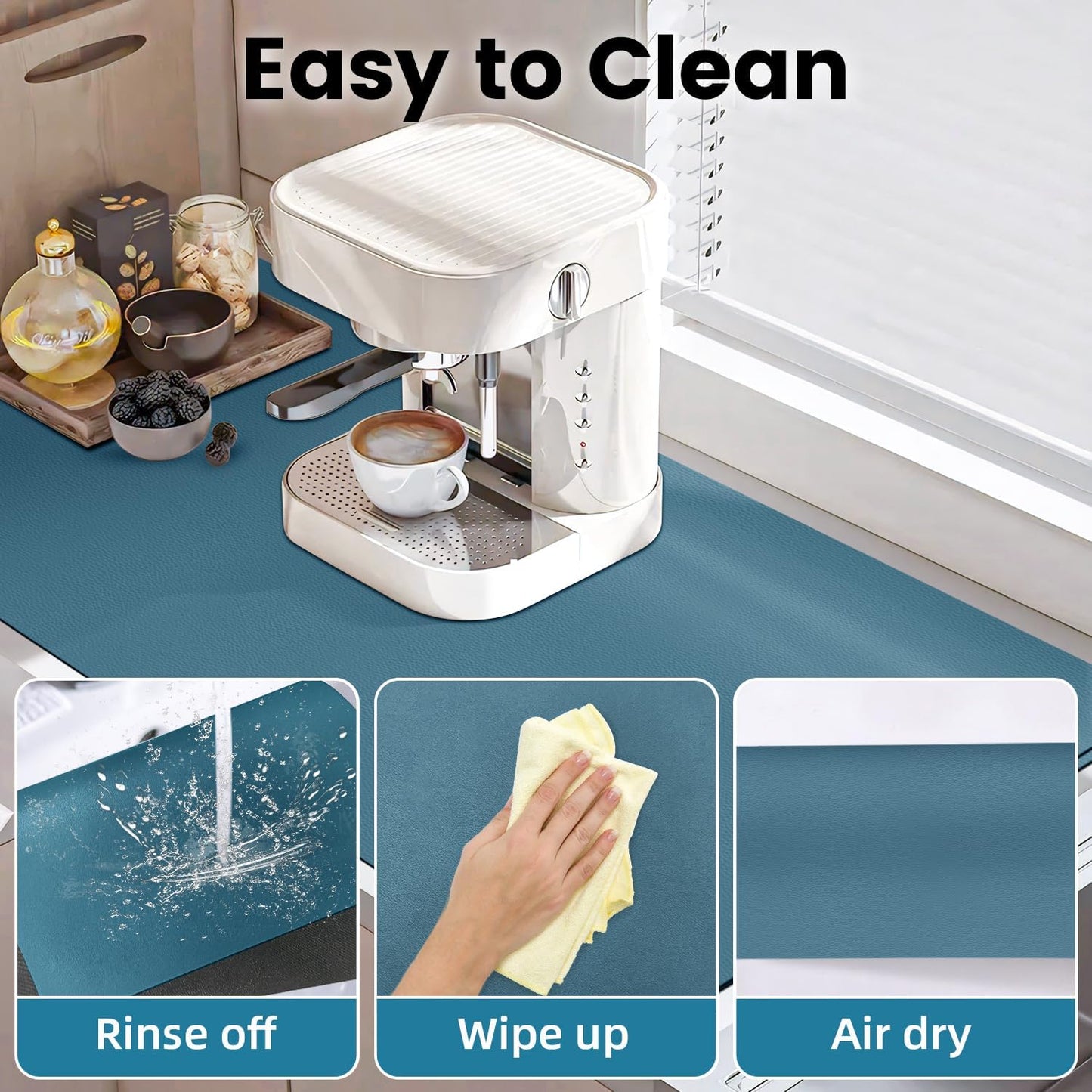 PoYang 31.5"x17" Coffee Mat X-Large, Coffee Bar Accessories for Countertop, Absorbent Dish Drying Mat, Anti-Slip and Hide Stain Pad for Espresso Machine, Espresso Maker and Kitchen Counter, Blue