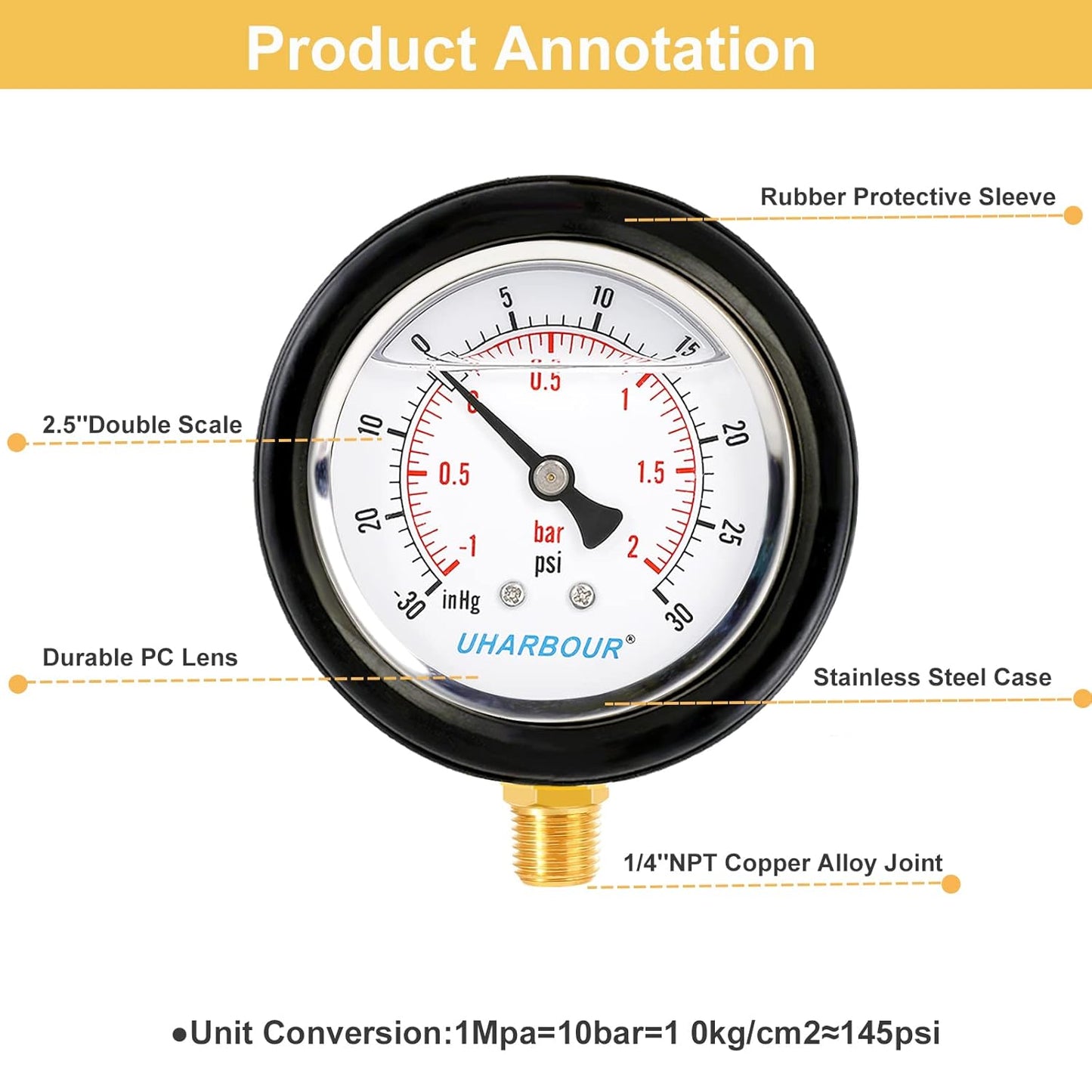 Pressure Vacuum Gauge 2-1/2" Dial Liquid Filled -30 inhg/30 PSI, Rubber Protective Case, 1/4" Brass Lower Mount, Including 1/4" to 1/8" Thread Adapter and Teflon Tape