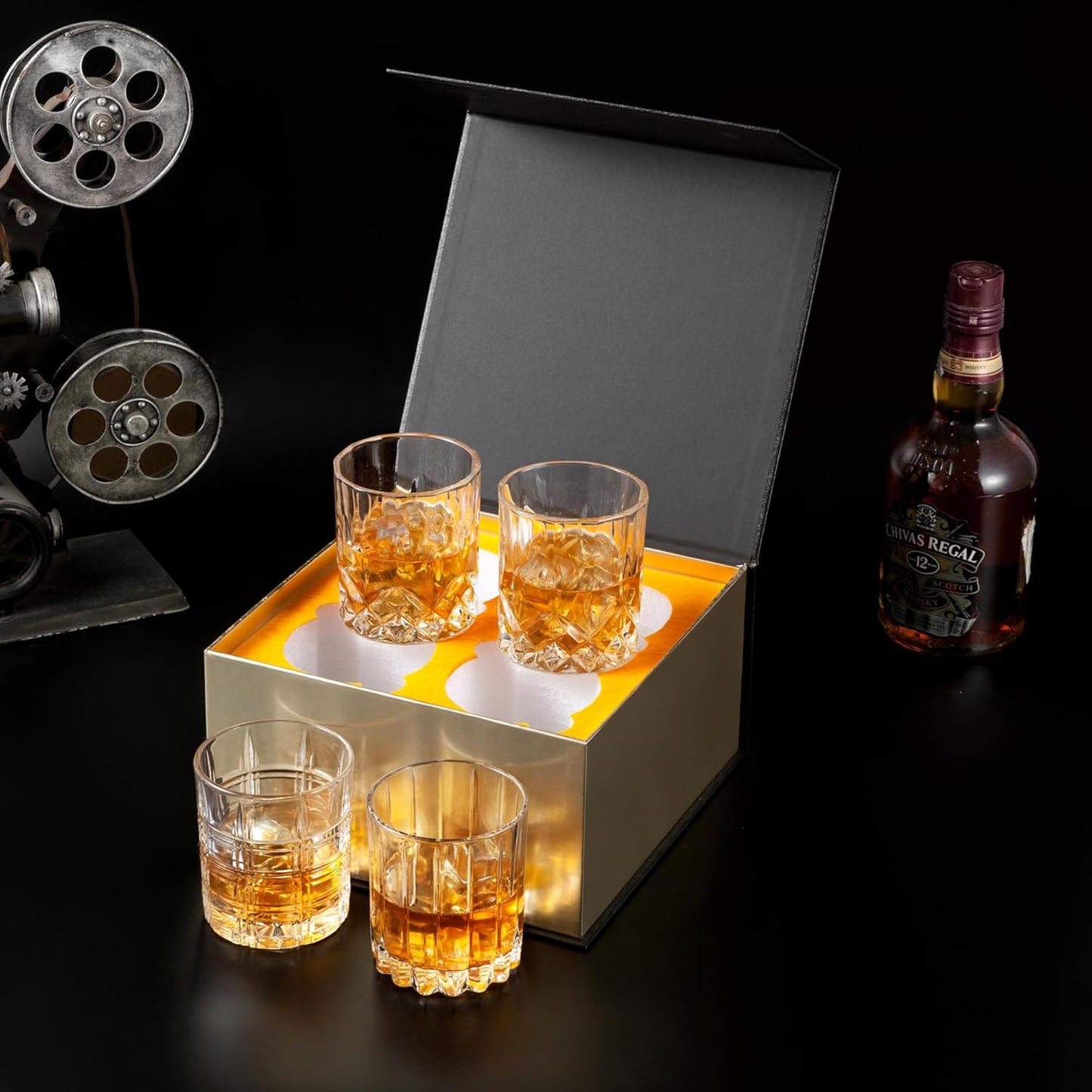 KANARS Old Fashioned Whiskey Glasses - Multi Designs Bourbon Glass 10 oz with Luxury Box - Ultra Clear Crystal Rocks Barware for Scotch, Irish Whisky, Rum and Cocktail - Set of 4
