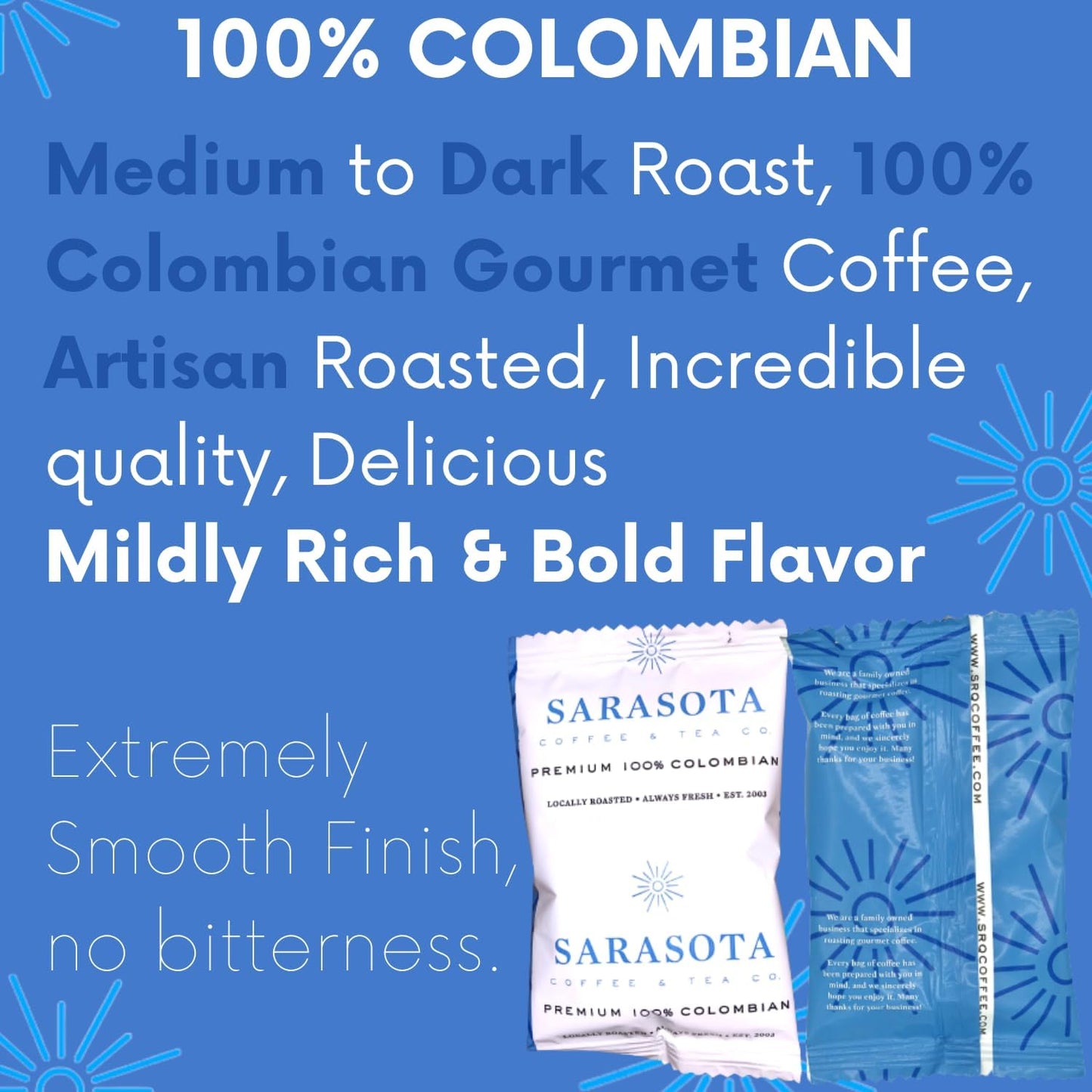 Sarasota Coffee Packs Bulk Ground Packets | Medium, Colombian, & Dark Roast Variety | Gourmet Assorted Sampler | Low Acid Mold Free Individual Pouches for 12 Cup Coffee Maker | 1.75 Oz Bags, 100 Count