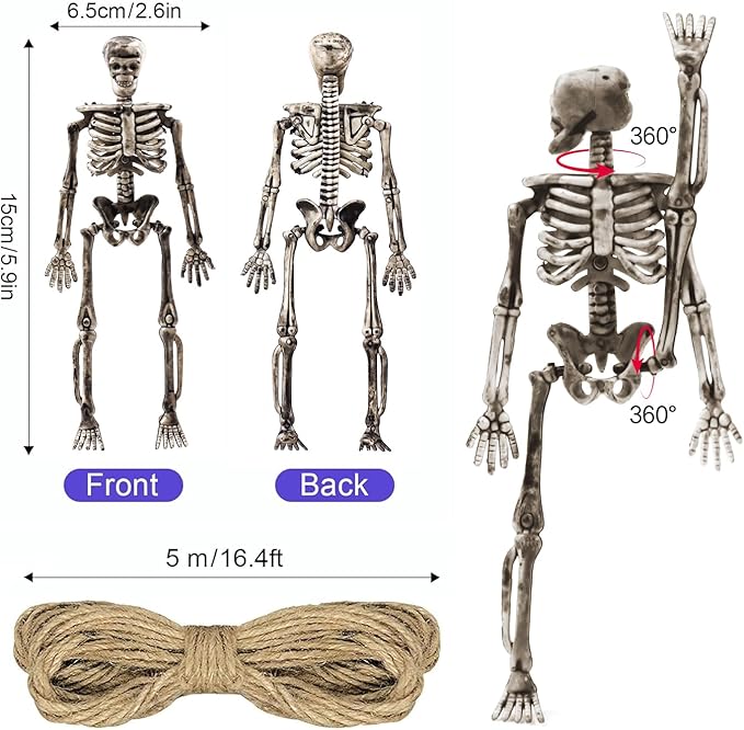 16 Pcs mini skeleton halloween decoration With hemp rope，6”small plastic posable halloween tiny skeleton figurines decor for Halloween Indoor Outdoor Graveyard Decor Haunted House Party Favors