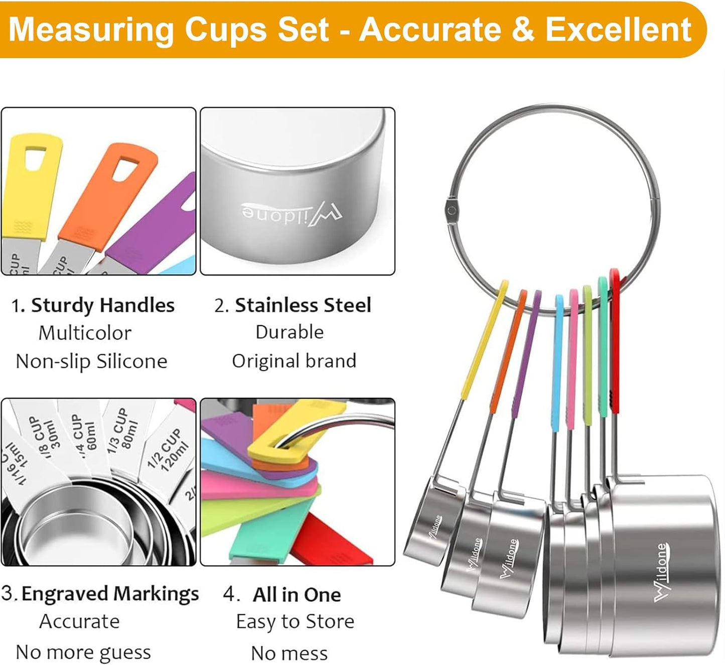 Wildone 8-Piece Measuring Cups Set, Stainless Steel Nesting Measuring Cups, Perfect for Dry and Liquid Ingredients, Dishwasher Safe