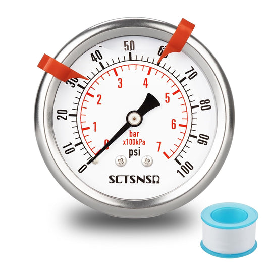 0 to 100 Psi Pressure Gauge, Glycerin Liquid Filled, 2.5 inch Dial, 1/4" NPT Back Mount, Stainless Steel Case, for Water Pump, Pneumatic Air, Well Tank, RV Hose, Gas, Low Pressure Test