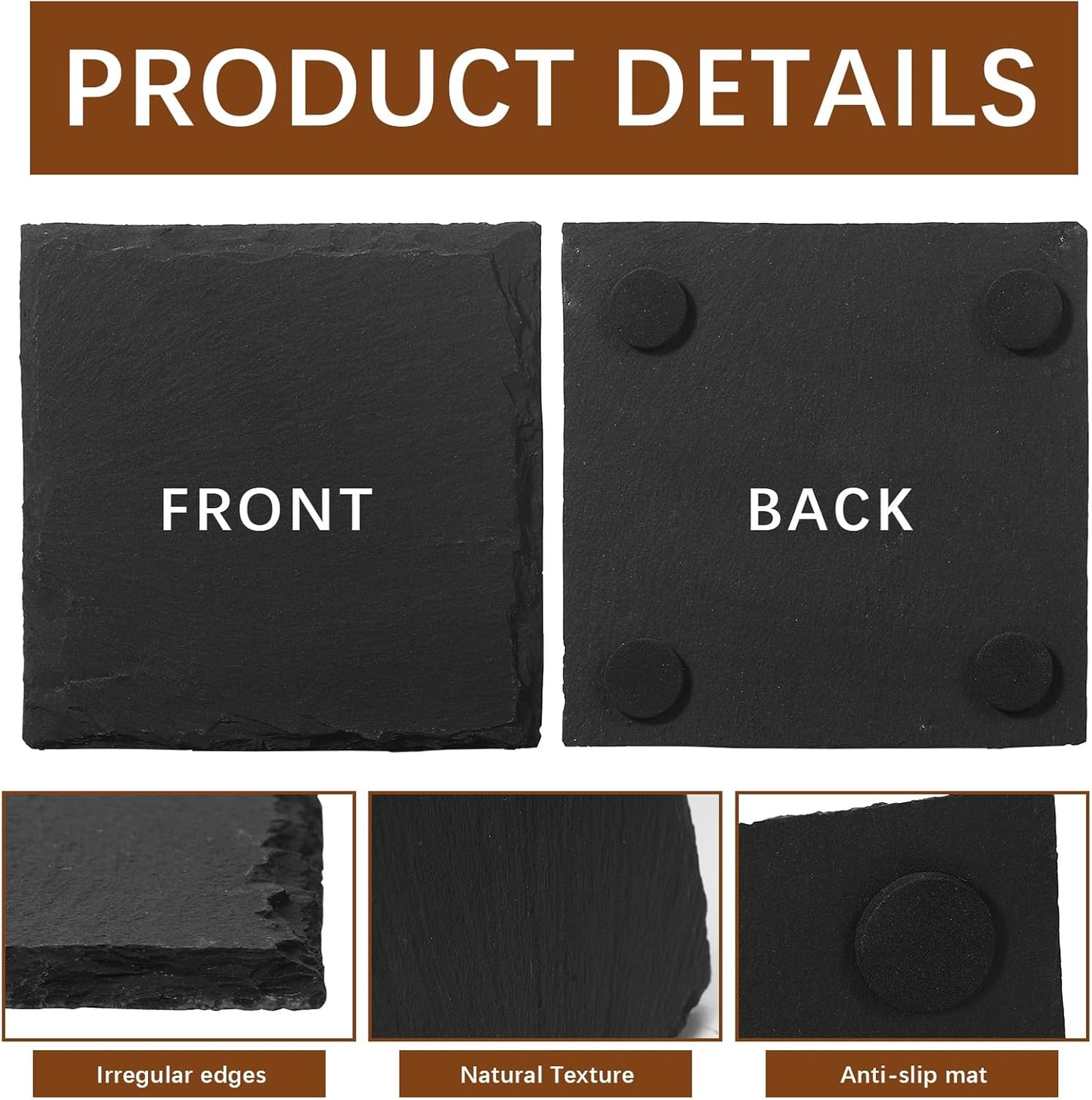 12 PCS Slate Coasters Black Square 4 Inch Bulk Rock, Blank Laser Engraving, Scratch Resistant Bottom, Home Office Kitchen Gift Wedding Bar Party (12 PCS Square Coasters)