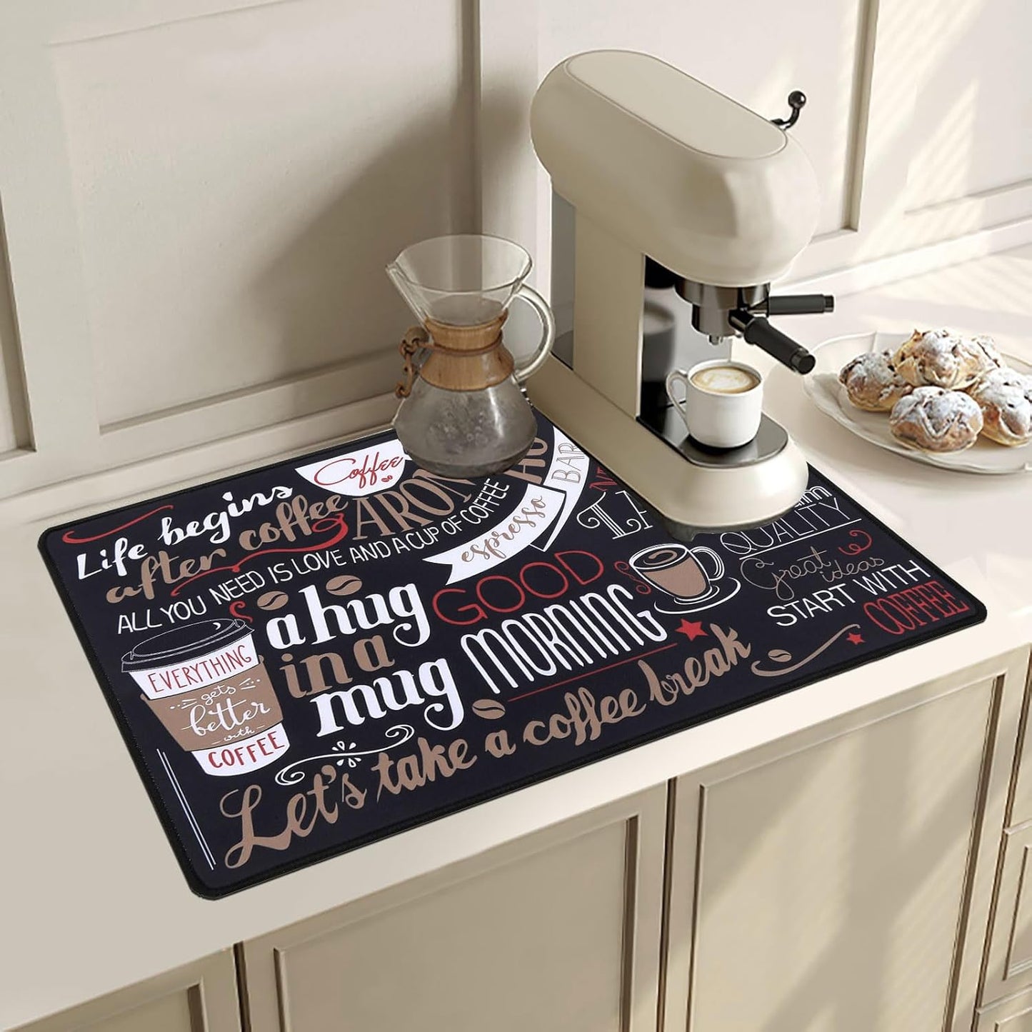 SHACOS Coffee Mat 2-Pack 12x19 inch Absorbent Non Slip Rubber Coffee Maker Mat for Countertop Bar Accessories Espresso Heat Resistant, Black Red