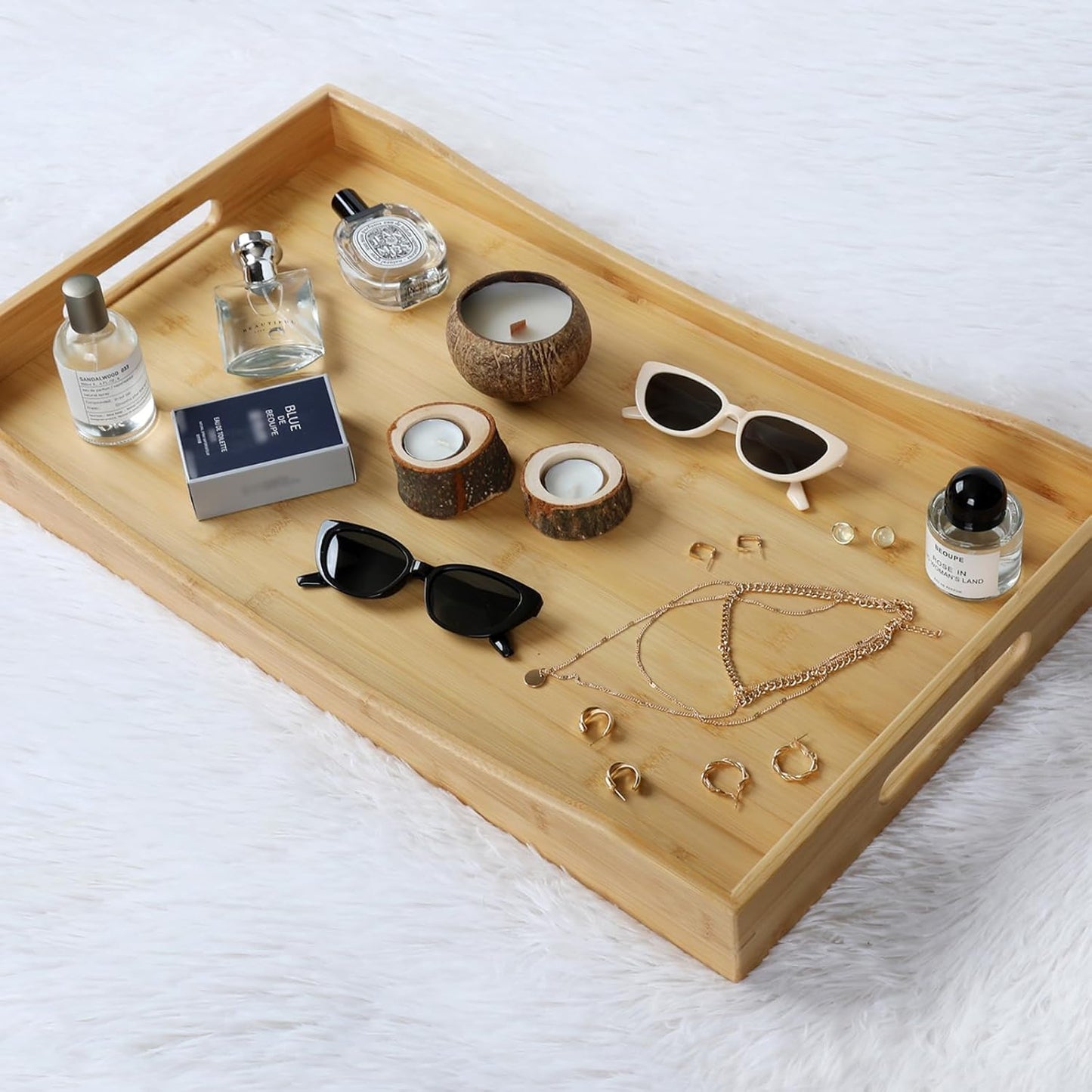 GOBAM Bamboo Extra Large Ottoman Tray, 26 x 15 inches - Wooden Tray for Dining Table & Parties, Serving Tray with Handles for Food, Cheese, Snacks, Tea, Coffee & Wine