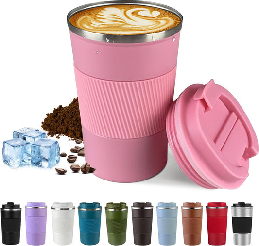 Vacuum-Insulated Stainless Steel Travel Coffee Mug, Leak-Proof Reusable Coffee Cup with Lid - Keep Hot & Cold Drinks for Hours, Durable Thermos Tumbler for Men & Women (3rd-Pink, 12OZ)