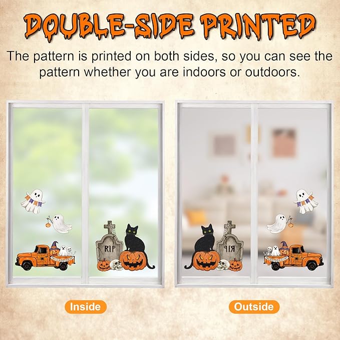 Vintage Halloween Window Clings 6 Sheets, Large Retro Spooky Ghost J-O-Lantern Pumpkin Reusable Window Decals Stickers for Home Halloween Party Decorations Supplies (Ghost)