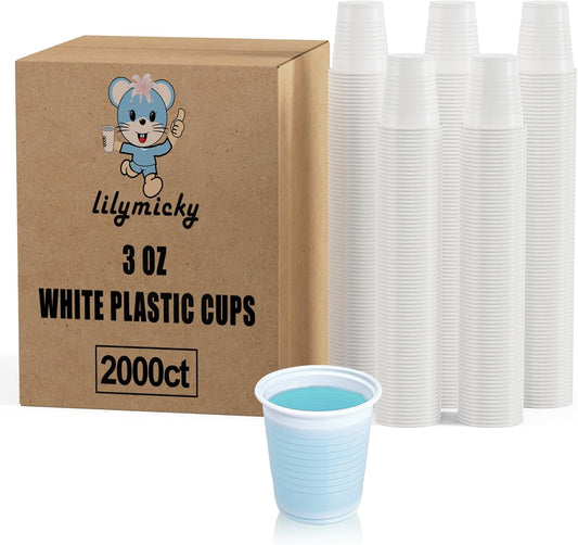 Lilymicky 2000 PACK 3 oz White Plastic Cups, 3 Ounce Disposable Plastic Bathroom Cups for Tasting, Drinking