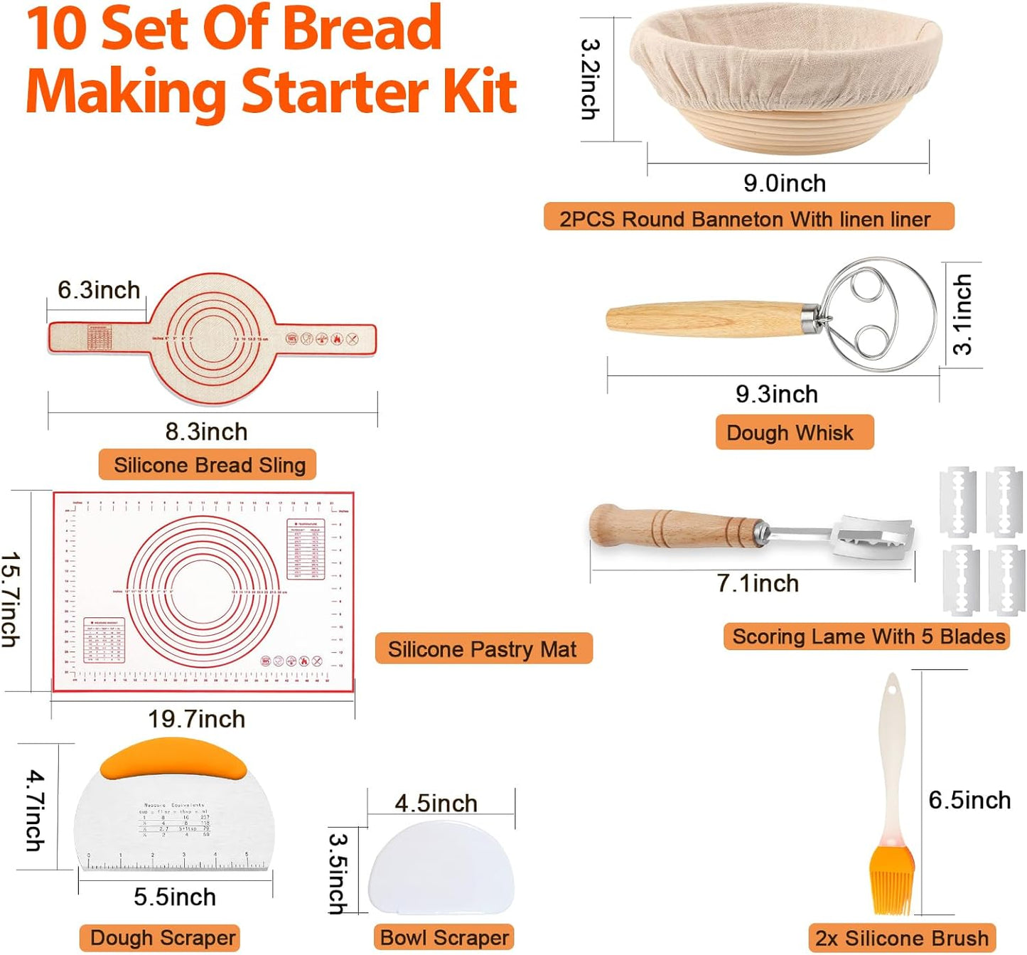 2PCS 9Inch Round Banneton Bread Proofing Basket Sets,Sourdough Bread Baking Supplies with Linen Liners,Silicone Bread Sling,Danish Whisk,Scoring Cutter,Dough Scraper