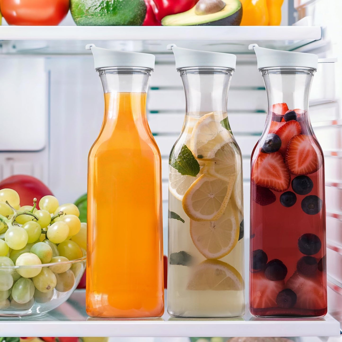 GUSTO [50 oz - 8 Pack] Plastic Carafe with Lid, Large Capacity Square Base - Clear Pitcher with Flip Top Lid, Easy-Pour Spout Juice Containers with Lids - Perfect for Mimosa Bar, Water, and Cold brew