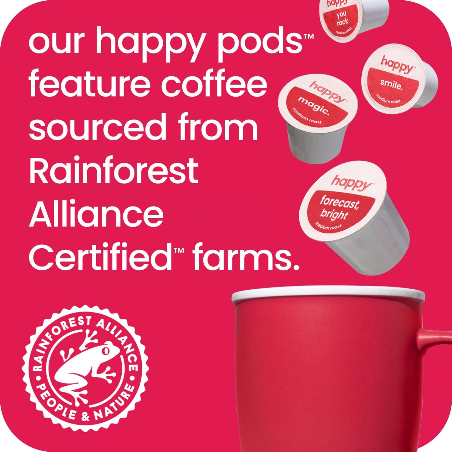 happy coffee medium roast coffee pods, 60 count, notes of chocolate & confidence, compatible with most K-cup brewers, rainforest alliance certified