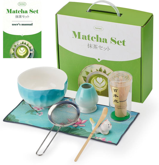 Aganippe 7 Pcs Matcha Whisk Set,Matcha Set, Matcha Kit, Matcha Tea Set,Matcha Bowl Set with Cat Scoop Holder, Tea Cloth, Sifter(Gradient Turquoise)