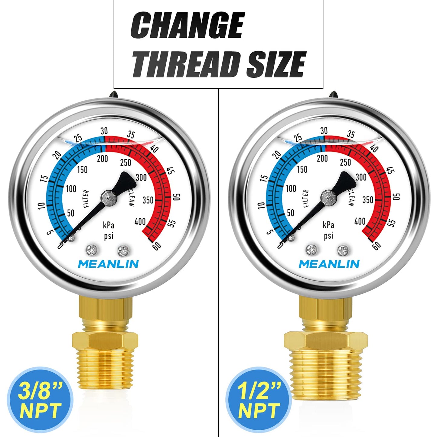 MEANLIN MEASURE 1/4" NPT 0-60psi Pressure Gauge, 2" Dial Glycerine Filled Pool Filter, 304 Stainless Steel Housing, Lower Mount, with 1/2" NPT and 3/8" NPT Hex Bushing