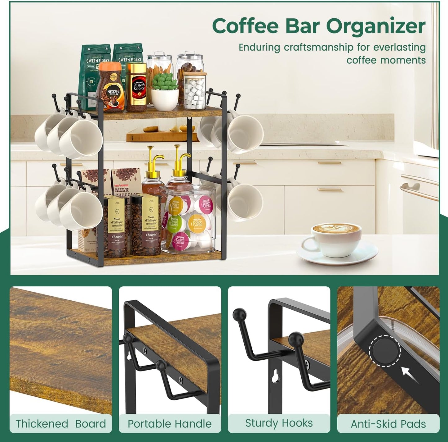 EsLuker.ly Coffee Station Bar Organizer Mug Holder Stand Countertop, 2 Tier Mug Cup Tree Rack for Kitchen Office, Storage Shelf with 12 Hooks, Creat Stylish Coffee Corner