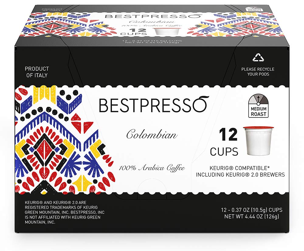 Bestpresso Coffee, Colombian Medium Roast Single Serve K-Cup Pods, 96 Count (Compatible With 2.0 Keurig Brewers) 8 Packs Of 12 Cups