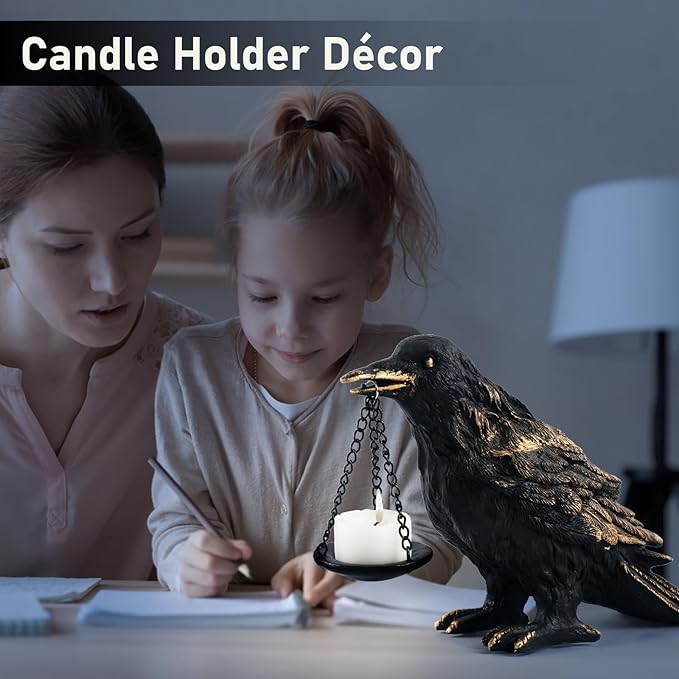 Raven Gothic Home Decor Fake Crow Light Holder Raven Lamp Tealight Candle Holder Resin Raven Statue Wearing Gold 2PCS