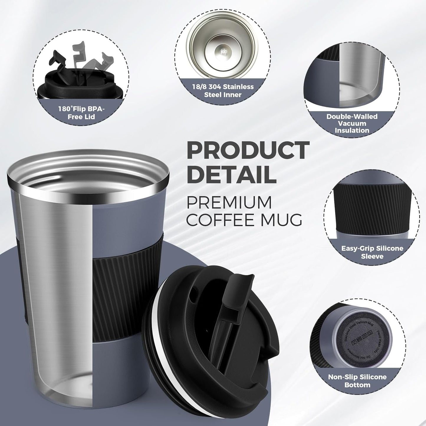 Volhoply 13 oz Stainless Steel Insulated Travel Coffee Mug with Fip Lid Bulk 2 Pack,Reusable Double Wall Vacuum Metal Coffee Cup,Portable Leak Proof Thermal Tumbler for Hot & Cold Drinks(Gray,2)