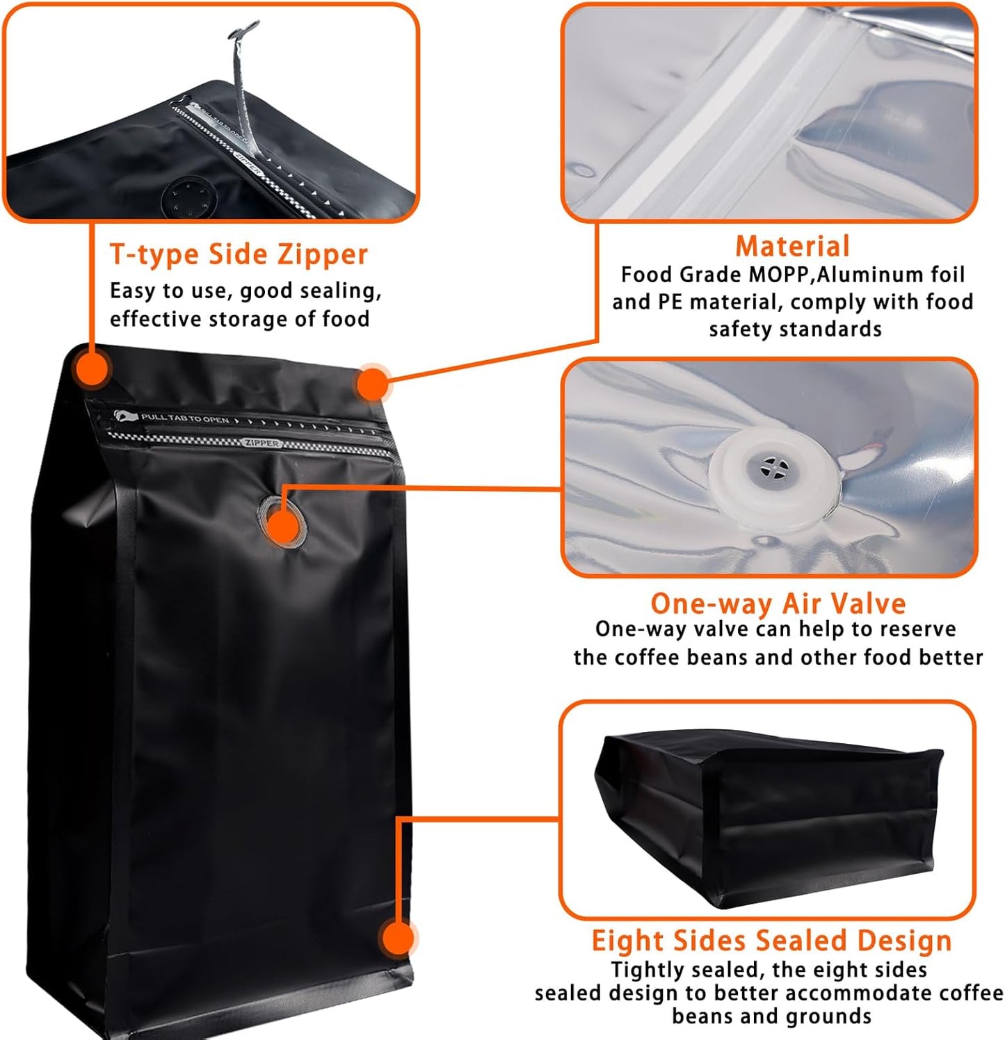 Coffee Bags with Valve (50 PCS,32oz/2lb) Black High Barrier Aluminum Foil Flat Bottom Standing Coffee Beans Storage Packaging Bags, Reusable Heat Seal Side Zipper Pouches for Small Business and Home