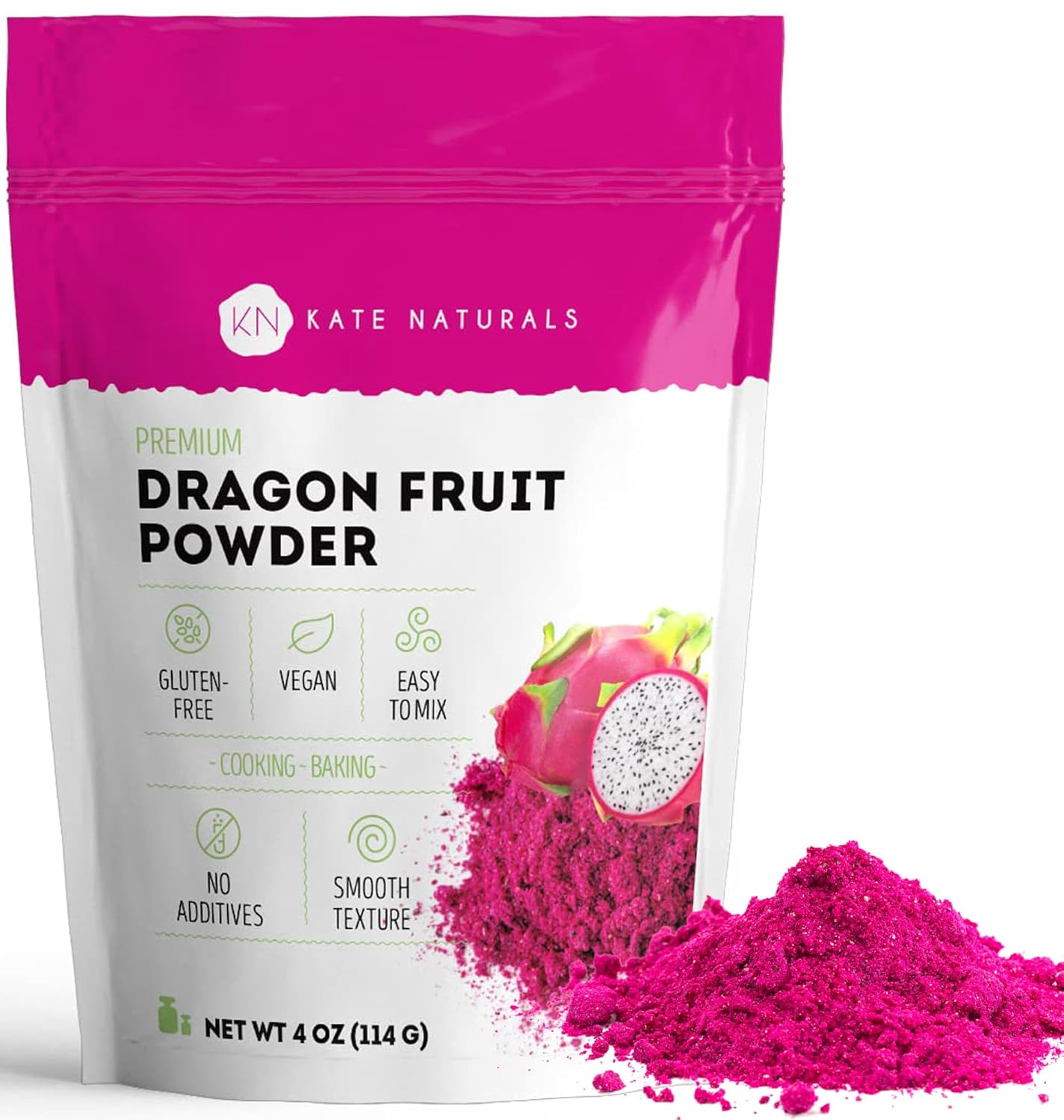 Kate Naturals Dragon Fruit Powder for Baking & Drinks (4oz). Vegan, Gluten Free Dried Pink Pitaya Powder for Dragonfruit Syrup, Smoothies & Food Coloring