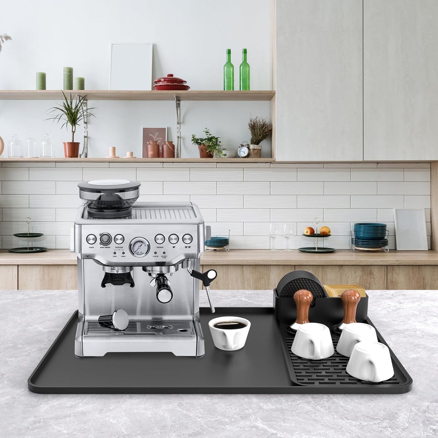 24''x16'' Silicone Coffee Mat with 6PCS Coasters,Counter Bar Mat with Detachable Dish Drying Mat for Kitchen Countertops,Coffee Bar Accessories (Black, 24 x 16 inches)