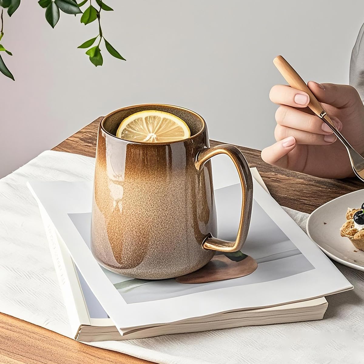 Large 24 oz Ceramic Coffee Mug with Handle, Vintage Floral Coffee Cup, Extra Big Tea Cup for Office and Home, Dishwasher and Microwave Safe,Sandy Yellow