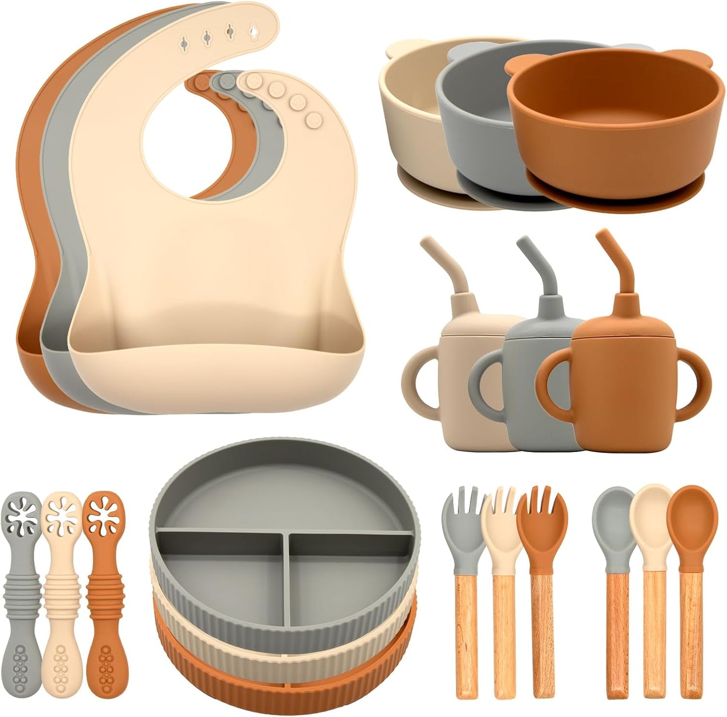 Silicone Baby Feeding Set 21 Pcs, Led Weaning Supplies, Baby Feeding EatincSupplies Set BPA Free, Essentialsfor Newborn Gift Walnut Color, Beige, Smoky Gray