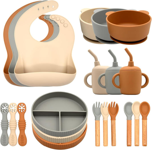 Silicone Baby Feeding Set 21 Pcs, Led Weaning Supplies, Baby Feeding EatincSupplies Set BPA Free, Essentialsfor Newborn Gift Walnut Color, Beige, Smoky Gray