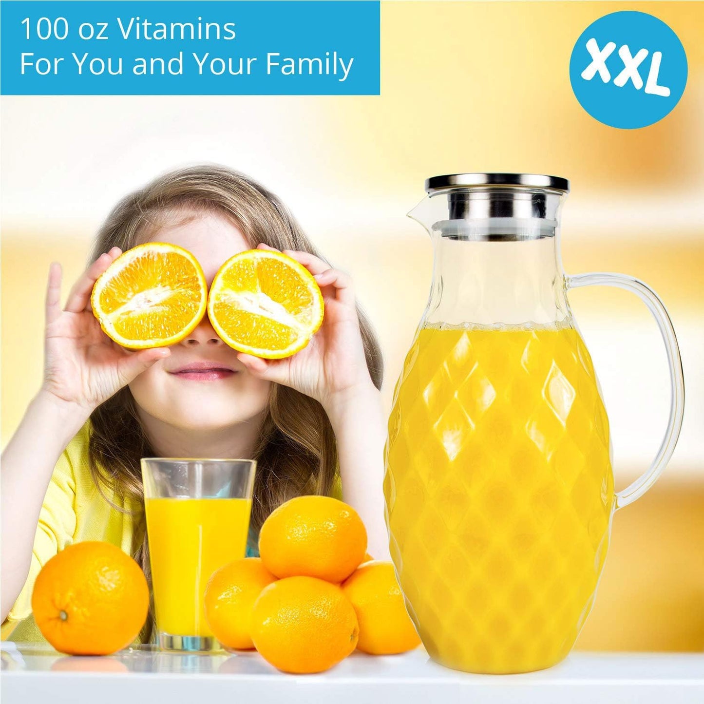 Glass Pitcher with Lid and Spout - 3 Liter / 100 oz, Borosilicate Glass w/Handle - Carafe for Hot/Cold Beverages - Water Jug - Iced Tea Pitcher - Juice Server - by PJC-Kitchen