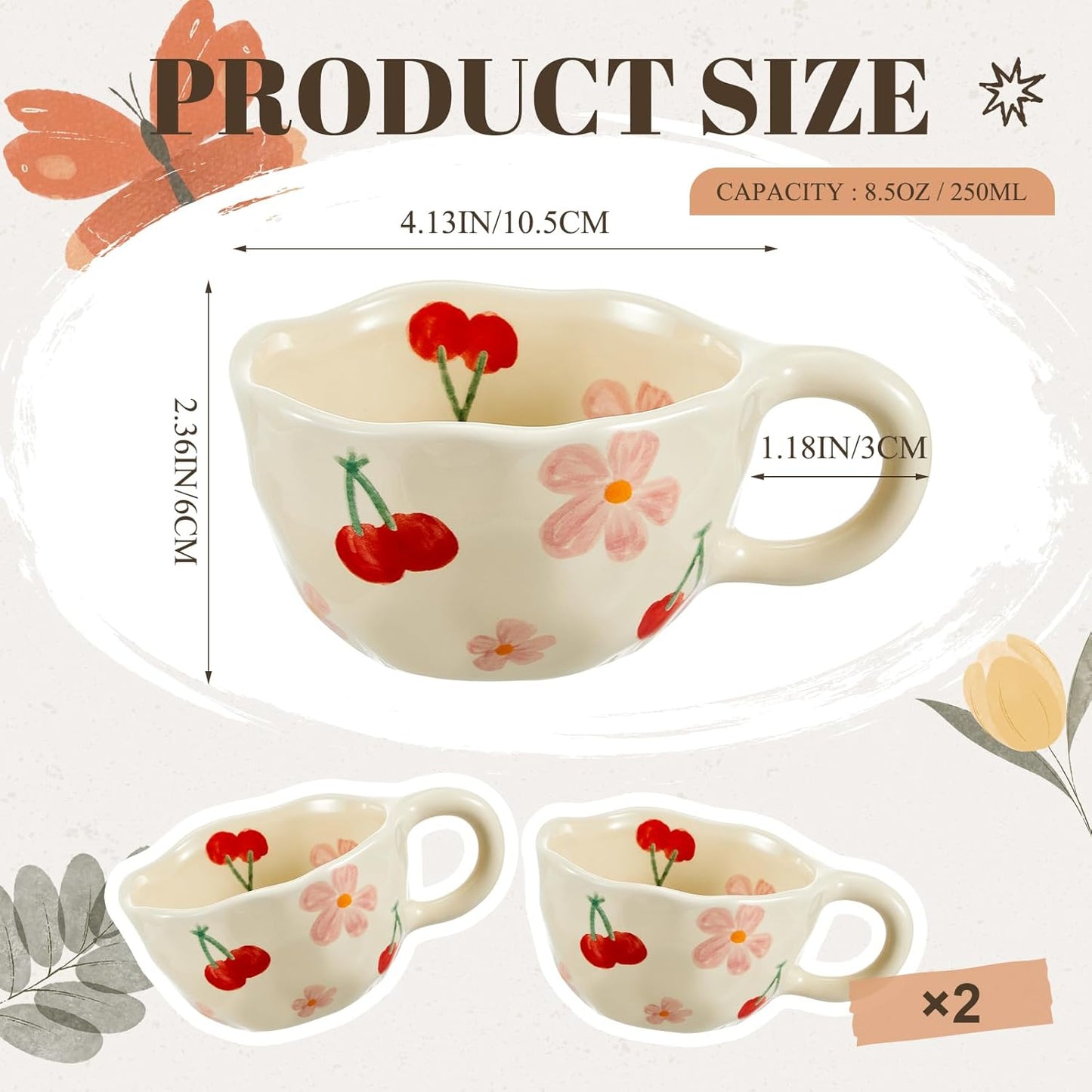 Vesici 2 Pcs Ceramic Coffee Mugs Flower Cups with Spoon Vintage Floral Mugs with Handle 8.5 oz Aesthetic Tea Porcelain Cup Gift for Valentine Office Home, Dishwasher and Microwave Safe(Cherry)