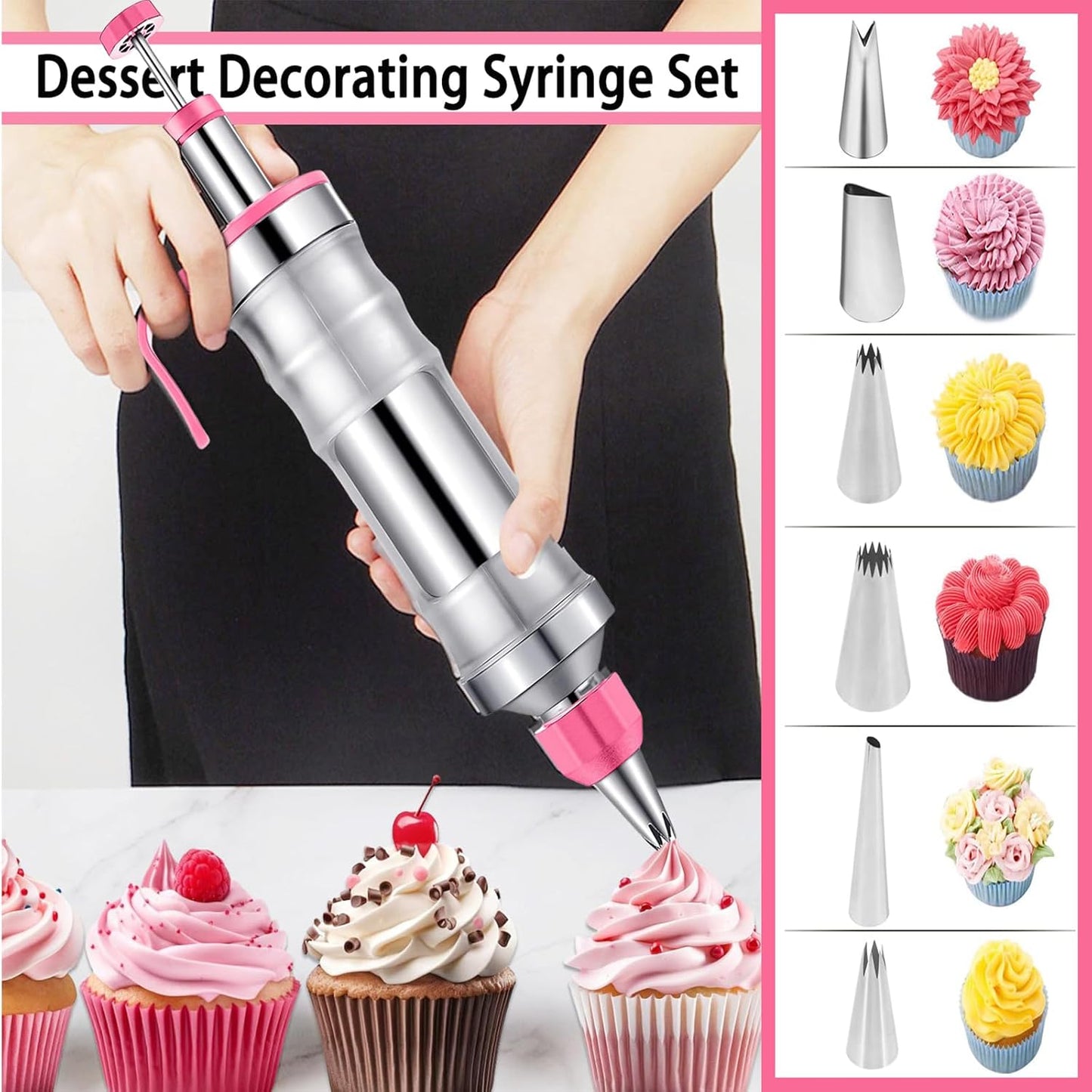 Hendiy Dessert Decorating Syringe Set, Frosting Piping Kit Stainless Steels Cake Decorating Kit with 6 Piping Tips & 9 silicone cupcakes, Cupcake Decorating Kit Piping Bags and Tips Set