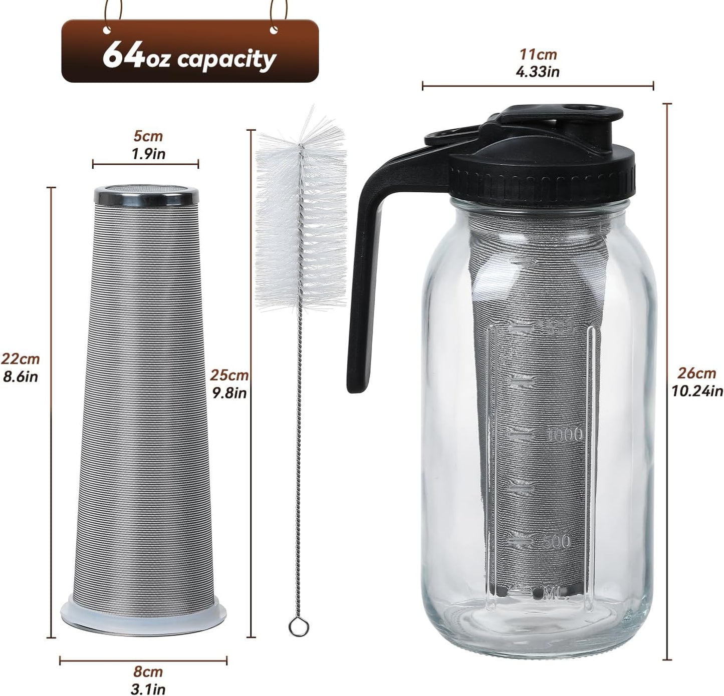 Cold Brew Coffee Maker Pitcher 64-ounce Glass Wide Mouth Mason Jar with Stainless Steel Filter and Pour Spout Handle Lid (Black, 64Ounce)