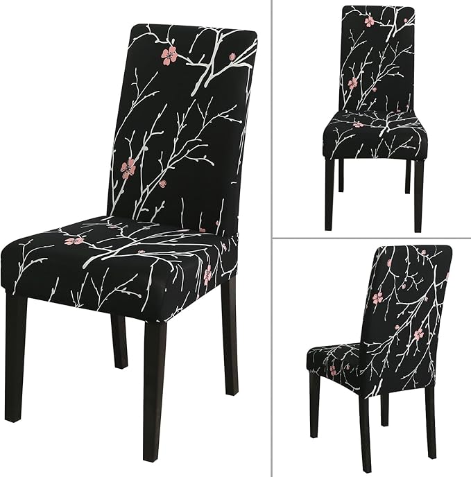 JQinHome Pattern Chair Covers for Dining Room Set of 4, High Stretch Removable Washable Parsons Chair Slipcover for Home Party Hotel Wedding Ceremony (Flourish Black,4PCS)