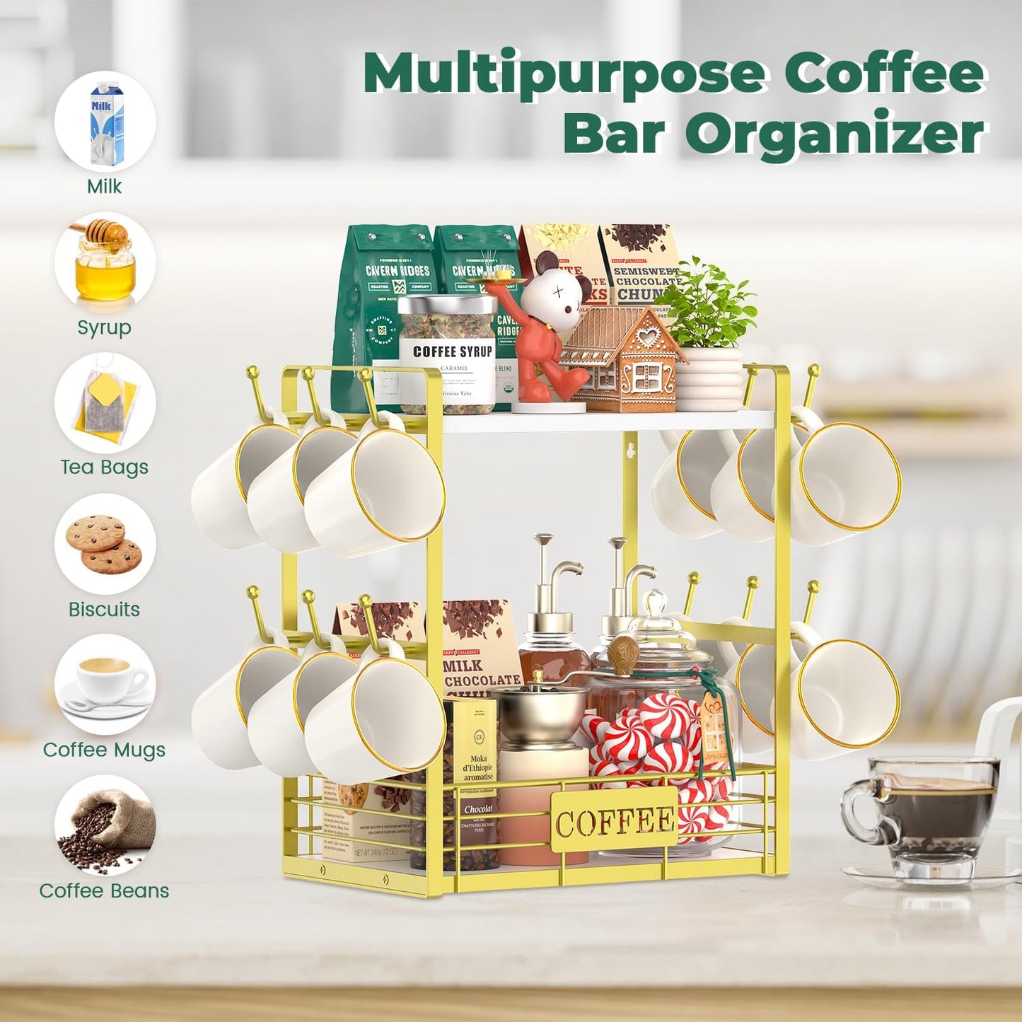 EsLuker.ly Coffee Mug Cup Holder Tree Bar Station Organizer, 2 Tier Mug Stand Rack for Countertop Kitchen, Storage Tower Display Shelf with 12 Hooks, Coffee Nook Enhancer, White-Gold