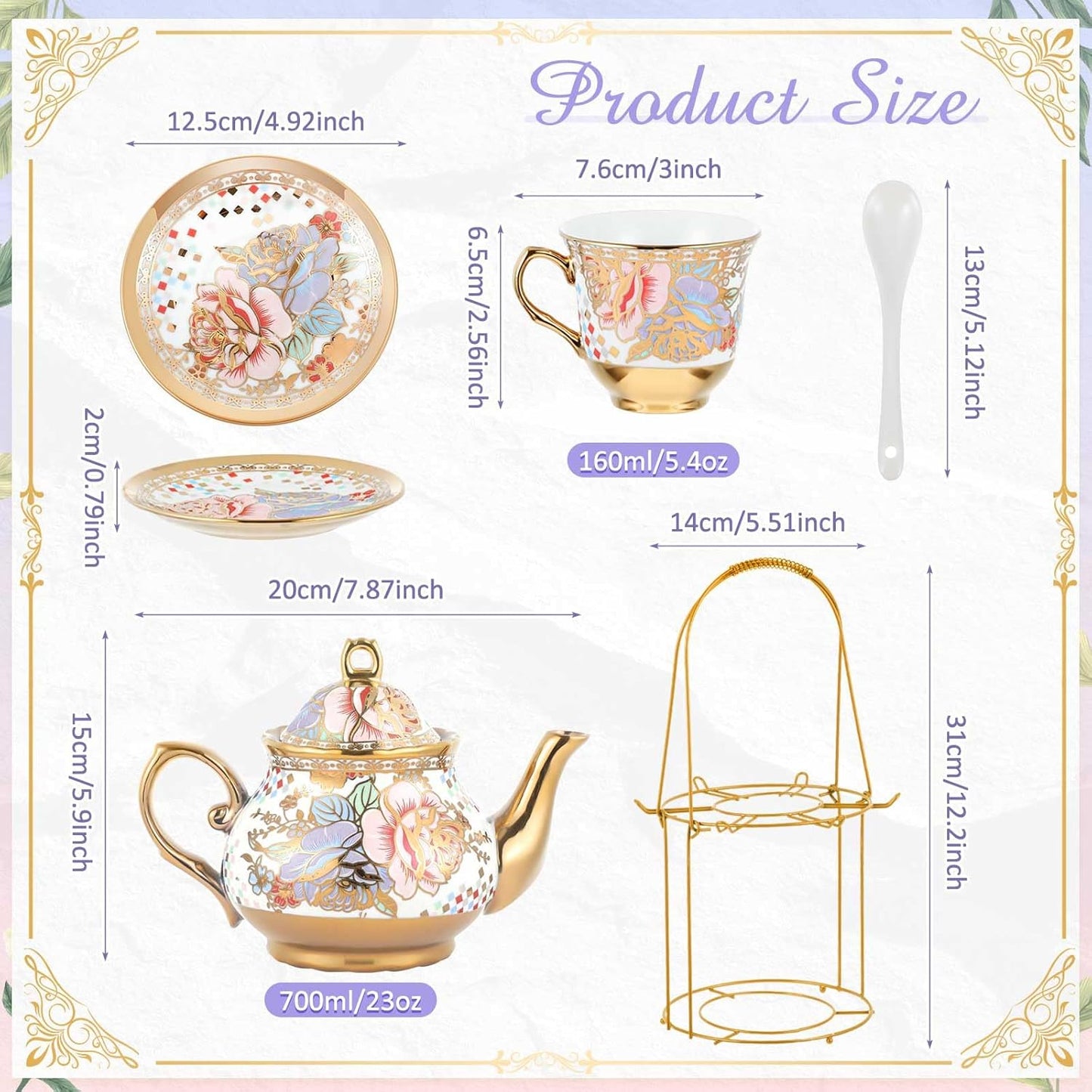 Zhehao 20 Pcs Porcelain Tea Set with Metal Holder and Spoon Adult Ceramic Tea Party Set European Flower Painting Teapot Cup Saucer Spoon Set for Women, Large Version(Rustic Style)