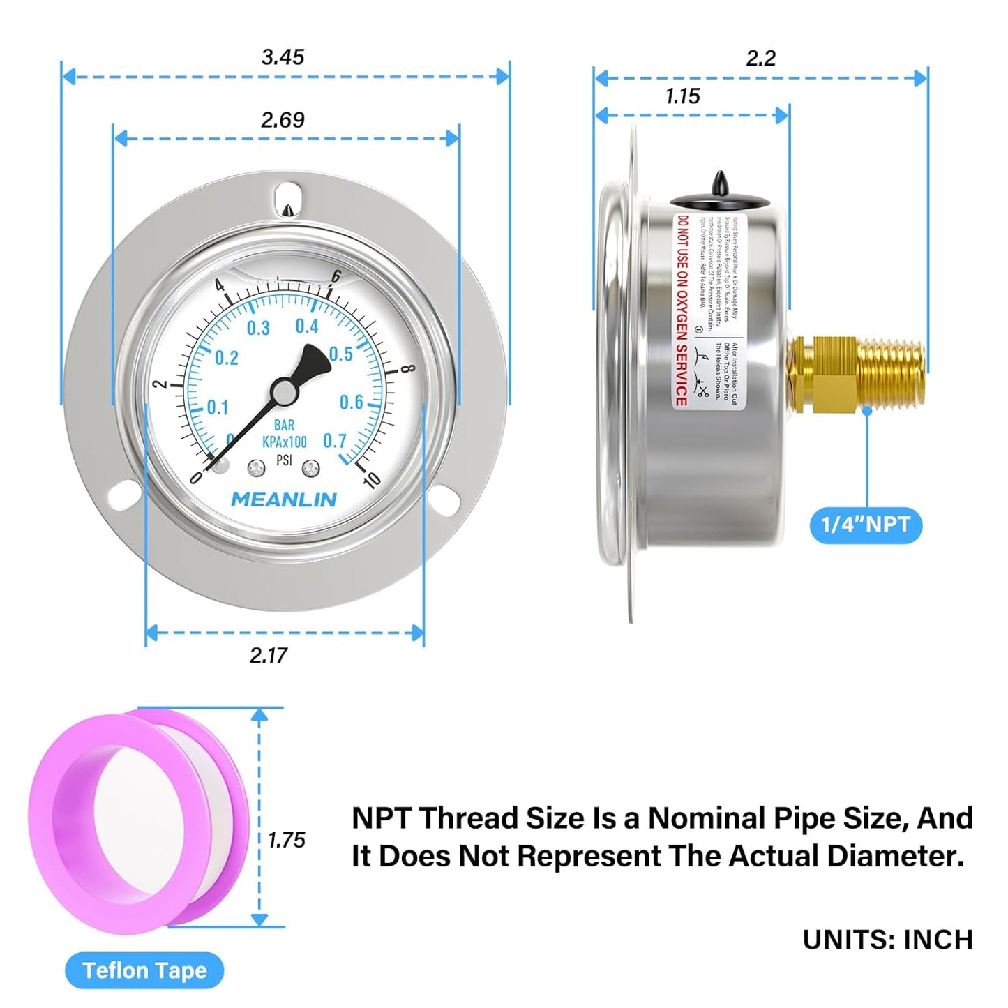 MEANLIN MEASURE 0~10Psi Liquid Filled Pressure Gauge Front Flange Panel Mount, 1/4" NPT 2.5" FACE DIAL Stainless Steel Case with Phillips Screw and Nut, +/-3-2-3%