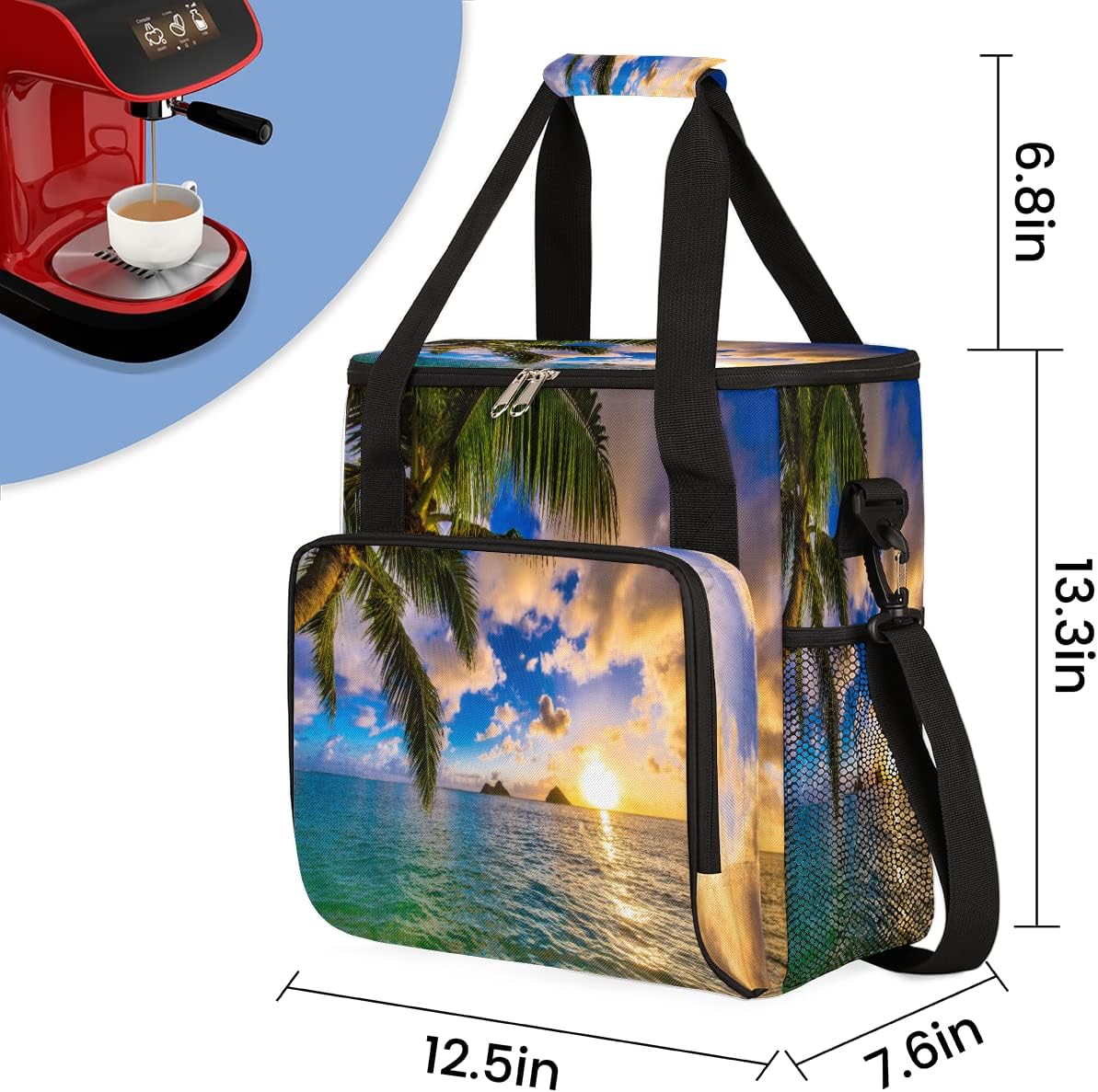 Beach Sunset Coffee Maker Carring Bag Palm Tree Travel Storage Tote Bag Compatible with Keurig K-Mini or K-Mini Plus Portable Single Serve Coffee Brewer Case with Pockets for K-cup Pods